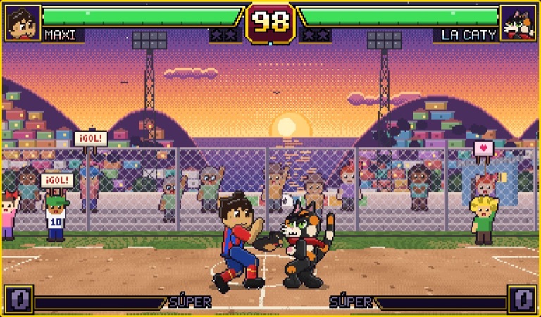 Dos luchadores de Clenchito's Adventure 5 peleando en la plaza del barrio con el público animando